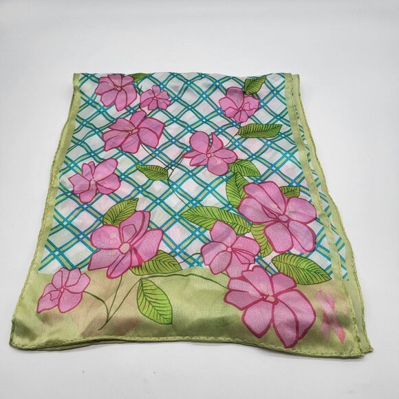 unbranded Accessories - VTG Floral Lattice Pink Green Scarf Breast Cancer Awareness Ribbon